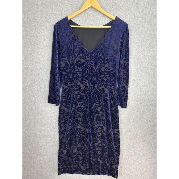 Ignite Evenings Size 10 Blue Velvet Burnout Dress Scoop Neck 3/4 Sleeves V-Back - Picture 6 of 14